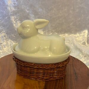 White Ceramic Bunny Dish with Wicker Base